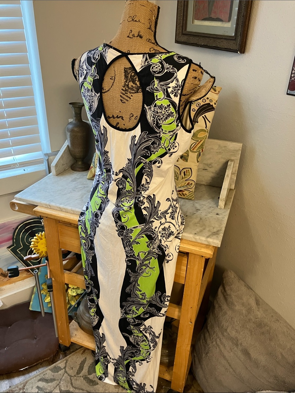 Hale Bob White, Lime & Black Printed Sleeveless Maxi Dress Gorgeous L! - Picture 4 of 11